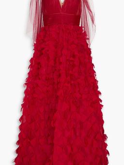 Appliquéd plissé-tulle and organza gown