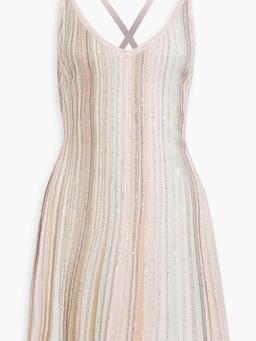 Sequin-embellished striped crochet-knit mini dress
