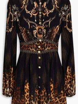 Crystal-embellished printed silk crepe de chine mini shirt dress