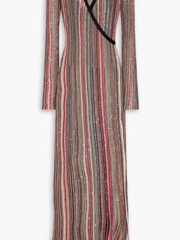 Embellished striped ribbed-knit maxi wrap dress