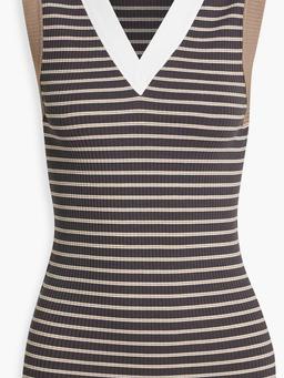 Bead-embellished striped ribbed cotton-blend top
