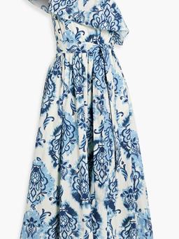 One-shoulder printed cotton-poplin midi dress