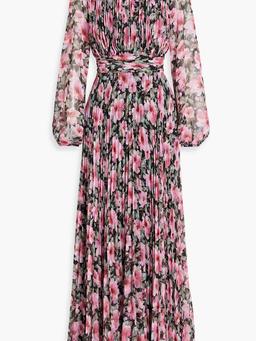 Cutout floral-print plissé-chiffon maxi dress