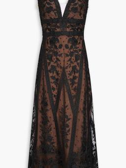 Tulle-trimmed guipure lace midi dress