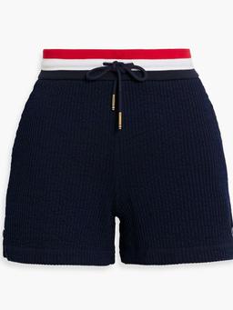Button-embellished cotton-seersucker shorts
