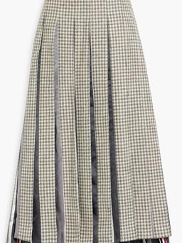 Pleated houndstooth wool-tweed and silk-satin midi skirt
