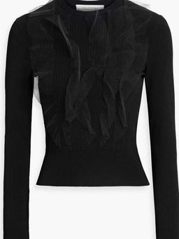 Tulle-trimmed ribbed-knit top