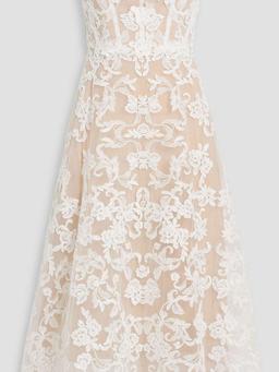 Strapless floral-appliquéd corded lace midi dress