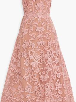 Strapless floral-appliquéd corded lace midi dress