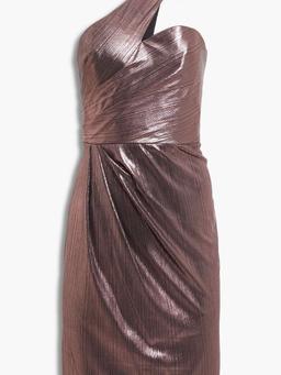 One-shoulder floral-appliquéd draped metallic striped chiffon dress